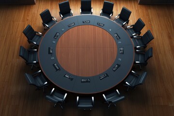 a round conference table with chairs around it