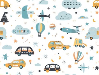 Obraz premium Seamless pattern with cartoon transportation, clouds and stars for kids.