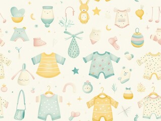 Watercolor Seamless Pattern Baby Clothes, Stars, Toys, Cute Design for Kids.