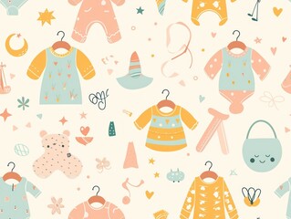 Seamless pattern of cute baby clothes, toys, and accessories on a white background.