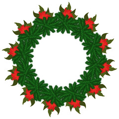 Christmas wreath with spruce branches and poinsettia flowers for design