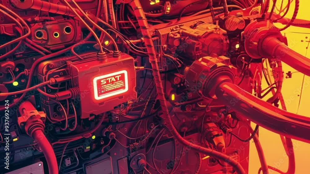 Poster complex network of pipes and machinery working at full capacity in a futuristic industrial environme