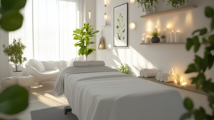 a spa room with white walls and plants