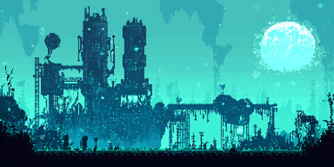 Obraz premium 8-bits pixel art of an underwater base, with structures and devices that resemble the silhouette of gothic architecture