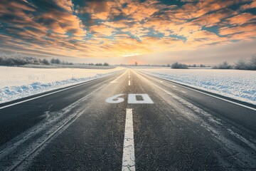 Fototapeta premium Close-up of a road arrow pointing forward, leading towards a glowing sunset through a tree-lined path in golden light.. Beautiful simple AI generated image