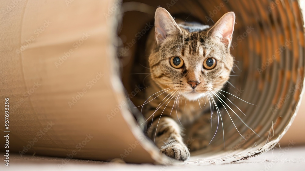 Poster A curious tabby cat peeks out of a cardboard tube, its yellow eyes wide with wonder.