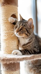 A tabby cat with white paws sits on a scratching post and looks to the side.