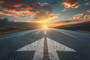 Close-up of a road arrow pointing forward, leading towards a glowing sunset through a tree-lined path in golden light.. Beautiful simple AI generated image
