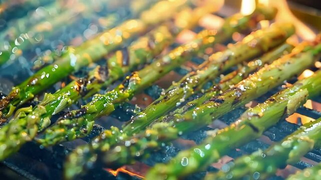 Fresh asparagus spears sizzle on a hot grill, seasoned and ready to eat, creating a charred texture. Perfect for a summer meal, this healthy vegetable adds flavor to any barbecue spread
