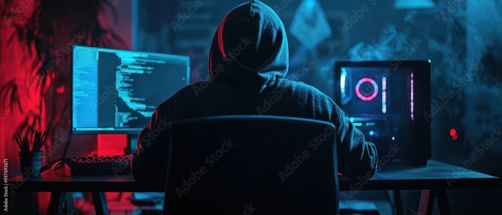 Aufkleber mysterious hacker in neon-lit cyberpunk workspace