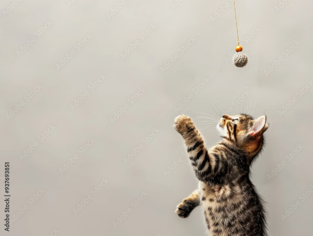 Poster A playful kitten reaches up with its paw to bat at a hanging toy.