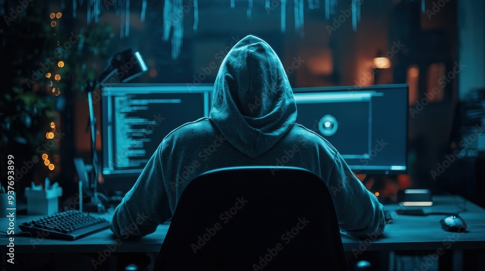Poster mysterious hacker in the dark shadow of a digital landscape