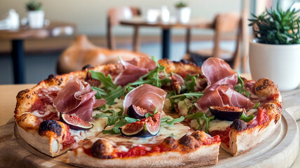 A delicious Chicago-style deep-dish gourmet pizza topped with fresh arugula, prosciutto, figs, and melted cheese, served in a cozy restaurant with soft, warm lighting in the background. 