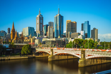 Naklejka premium Skyline of Melbourne city business district, CBD, located in Victoria state, Australia
