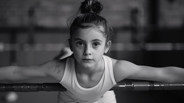 Young Gymnast on Parallel Bars: A young gymnast performing on parallel bars, demonstrating 