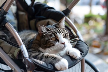 A tabby cat relaxing in a stroller.