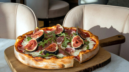 A delicious Chicago-style deep-dish gourmet pizza topped with fresh arugula, prosciutto, figs, and melted cheese, served in a cozy restaurant with soft, warm lighting in the background. 