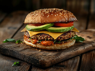 plant-based burger with a quinoa patty, avocado slices, and vegan cheese, served on a rustic wooden board