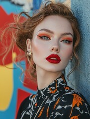 Fashion influencers with bold graphic eyeliner and red lips posing at a street art wall