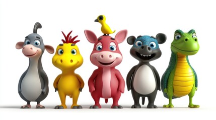 3D adorable cartoon cow, kangaroo, panda, iguana, and bird in vibrant colors, on a white background, cute and lively