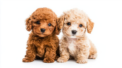 Fototapeta premium Two adorable Toy Poodle puppies posing on a white background. The scene captures the playful and sweet nature of the puppies, highlighting their curly fur and expressive eyes, perfect for a baby anima