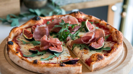A delicious Chicago-style deep-dish gourmet pizza topped with fresh arugula, prosciutto, figs, and melted cheese, served in a cozy restaurant with soft, warm lighting in the background. 