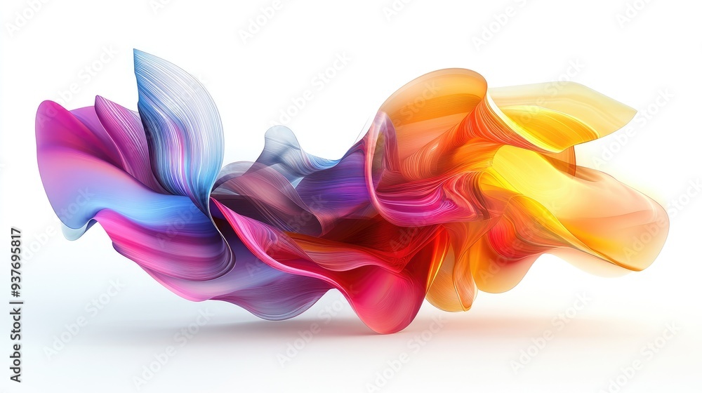 Poster abstract multicolored 3d shape with vibrant, flowing geometrics, digitally generated on a clean whit