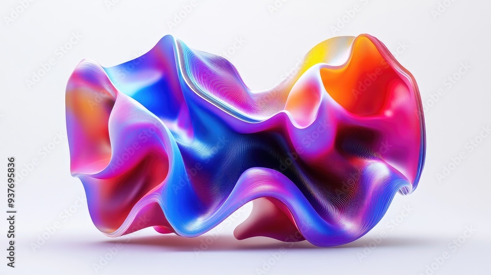Poster abstract multicolored 3d shape with vibrant, flowing geometrics, digitally generated on a clean whit