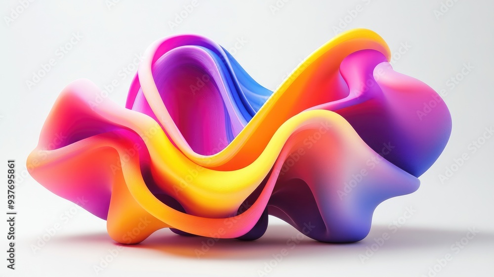 Poster abstract multicolored 3d shape with vibrant, flowing geometrics, digitally generated on a clean whit