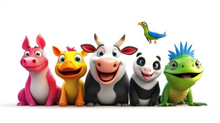 Adorable 3D cartoon animals: cow, kangaroo, panda, iguana, and bird in vibrant colors on a white background