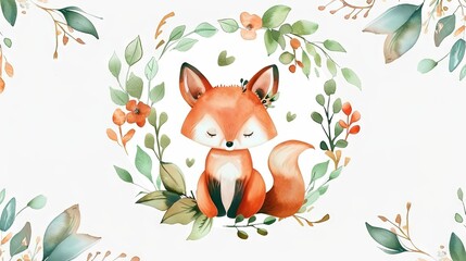 Watercolor illustration of a forest fox within a circular frame of foliage