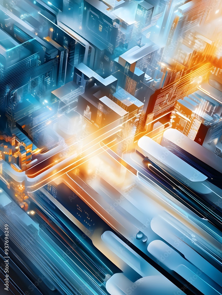 Poster abstract digital cityscape with glowing lines and structures.