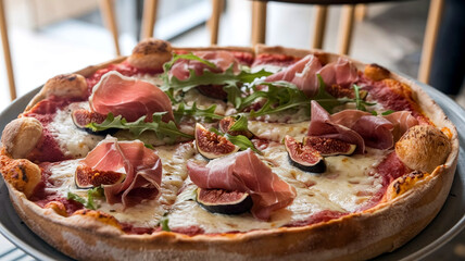A delicious Chicago-style deep-dish gourmet pizza topped with fresh arugula, prosciutto, figs, and melted cheese, served in a cozy restaurant with soft, warm lighting in the background. 