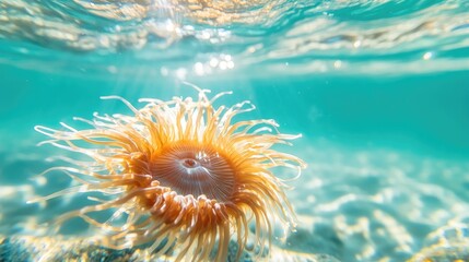Beautiful sea anemone in clear sea water, colorful tentacles gently swaying against a light blue ocean backdrop