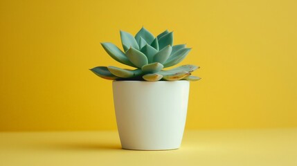 Succulent in a White Pot on a Yellow Background.