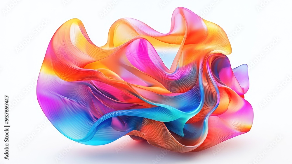 Poster digitally generated vibrant 3d shape with winding geometrics, multicolored and flowing on a white ba