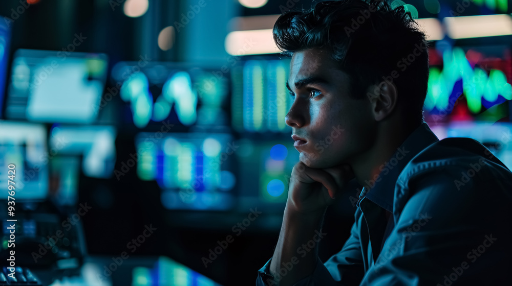 Poster young stock exchange trader working in office: a young stock exchange trader