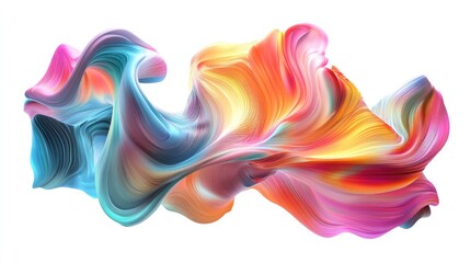 Flowing, multicolored 3D shape with vibrant geometrics, abstract and digitally generated, set against a white background