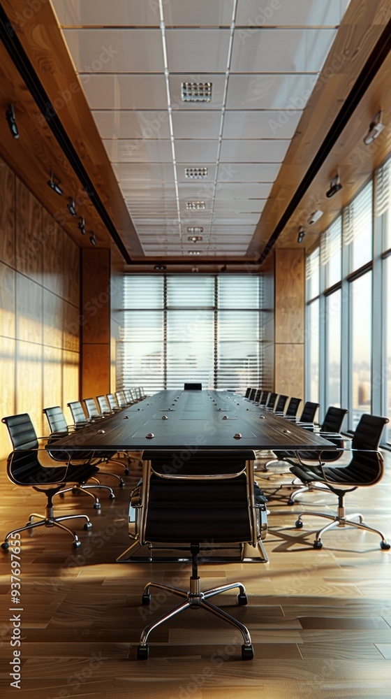 Poster in a modern conference room, sleek chairs surround a long, dark table, while sunlight streams throug