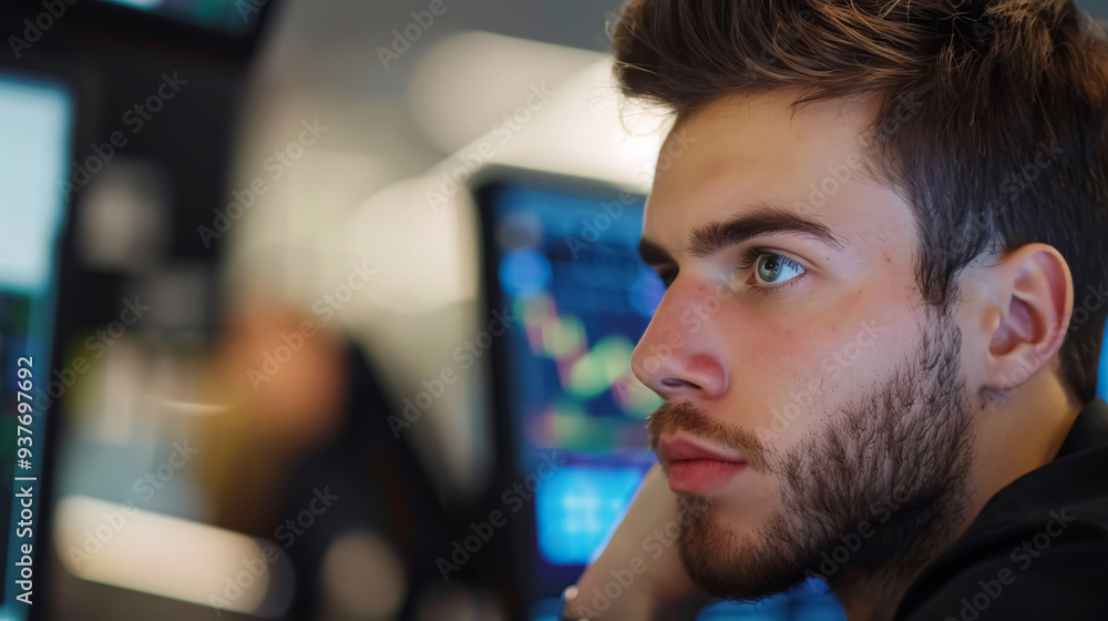 Aufkleber young stock exchange trader working in office: a young stock exchange trader
