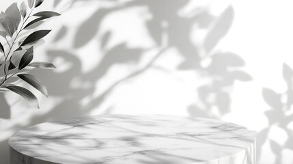 Round marble table top with tree leaves shadow drop on white wall background for mockup product display. generative ai