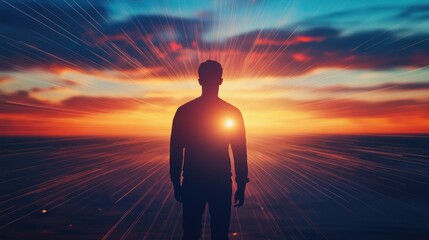 Individual's silhouette with transparent details, facing rising streaks of light from the horizon, representing momentum