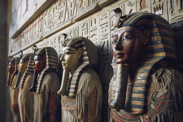 Naklejka premium Row of ancient Egyptian statues with intricate headdresses and hieroglyphics, evoking a sense of mystery and historical grandeur.