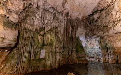 Main hall of the famous Neptune's Grotto in Sardinia, Italy, with the wall covered with moldy stalactites and the floor covered with water