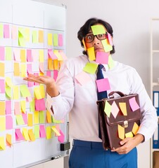 Young employee in conflicting priorities concept