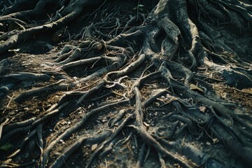 Fototapeta premium Gnarled tree roots intertwine under faint sunlight, creating an intricate, earthy, and raw texture that speaks of age and resilience.