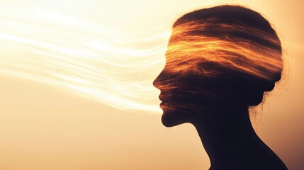 Transparent silhouette of a person with rising light streaks from the horizon, symbolizing upward momentum and progress