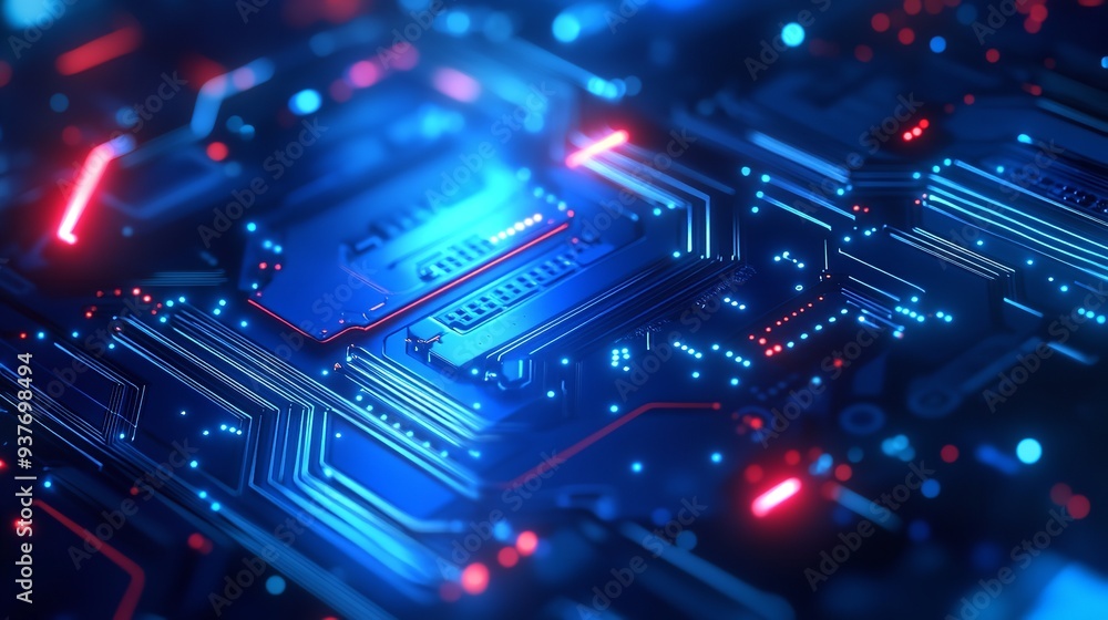 Poster tech circuitry in blue and purple - abstract technological background