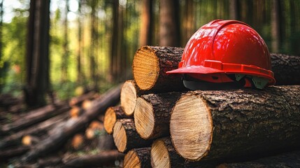 A close-up of a yellow safety helmet resting on a stack of logs in a forest