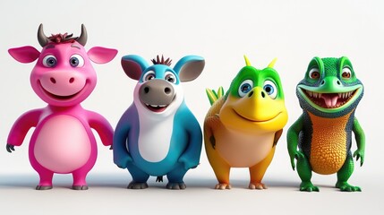 Fototapeta premium Vibrant 3D adorable cartoon cow, kangaroo, panda, iguana, and bird on a white background, cute and playful characters